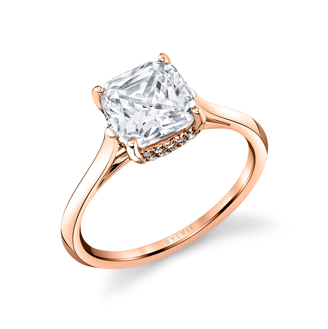 Cushion Cut Solitaire Engagement Ring with Hidden Halo - Carter