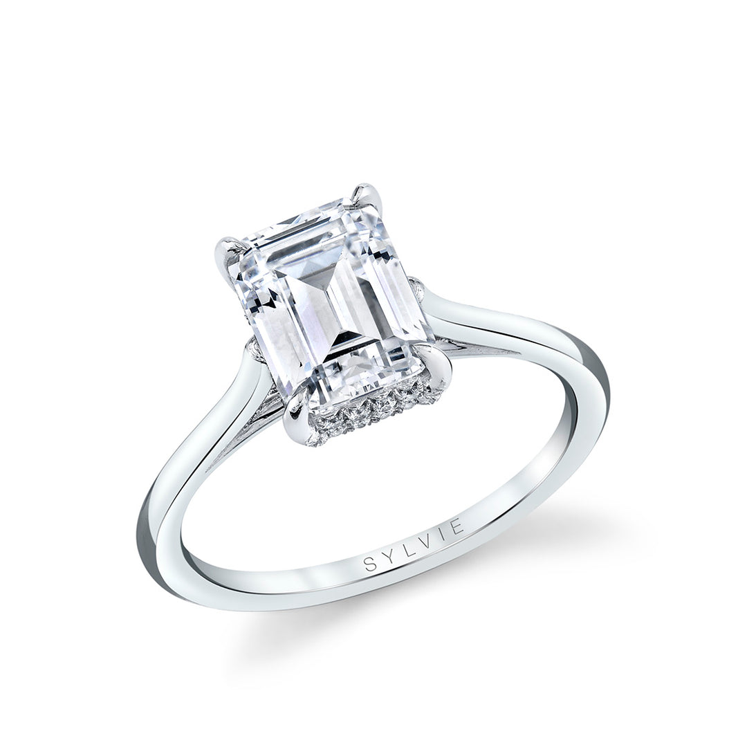 Emerald Cut Solitaire Engagement Ring with Hidden Halo - Carter