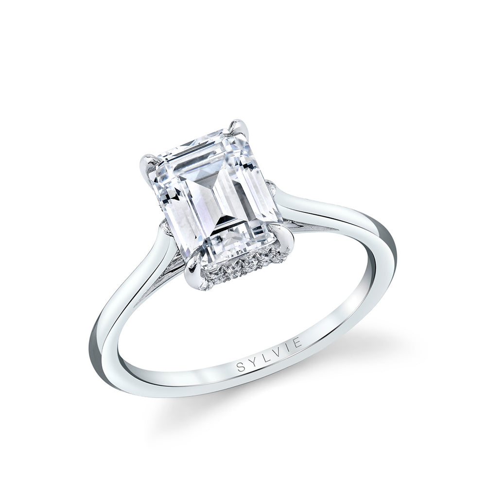 Emerald Cut Solitaire Engagement Ring with Hidden Halo - Carter