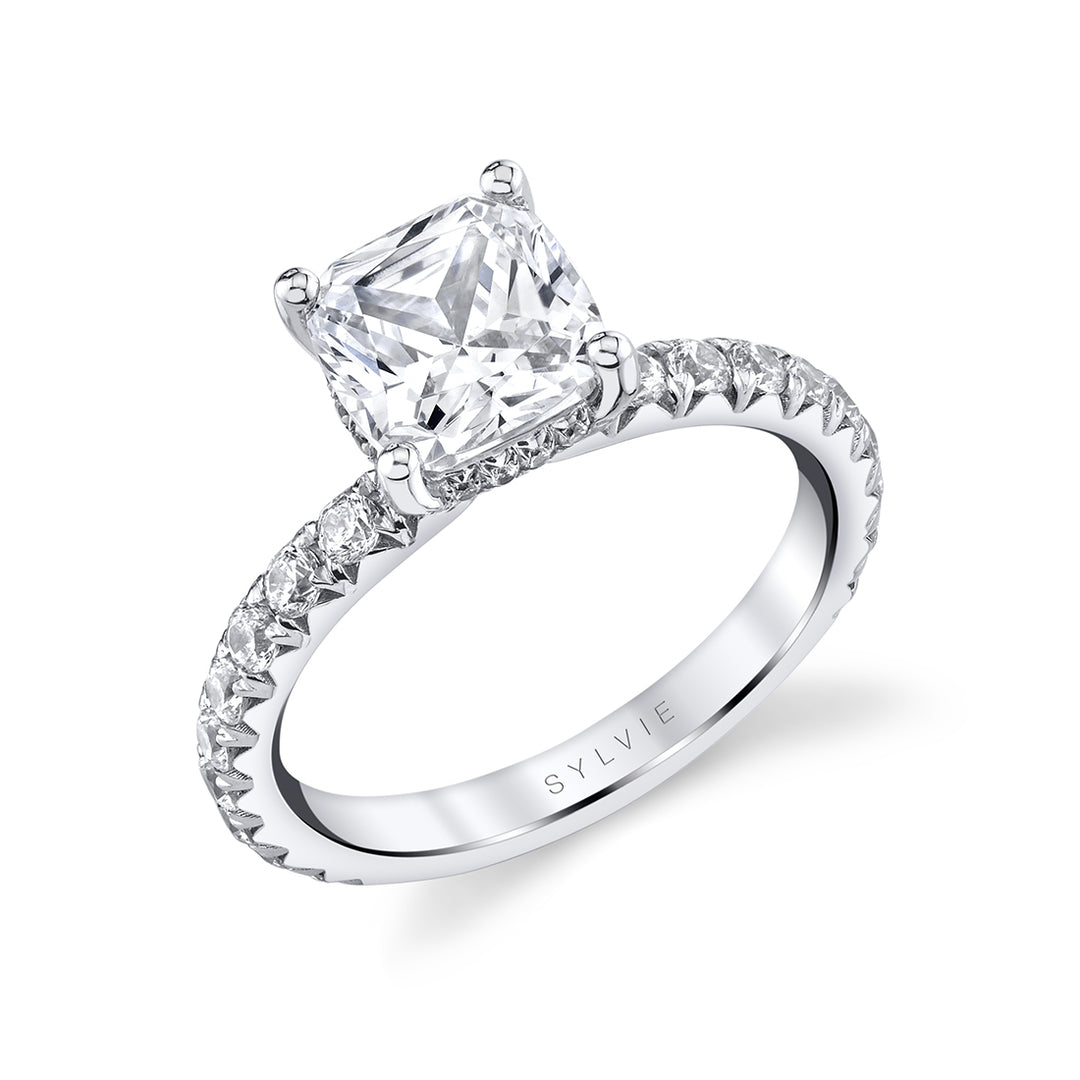 Cushion Cut Classic Engagement Ring with Hidden Halo - Malencia