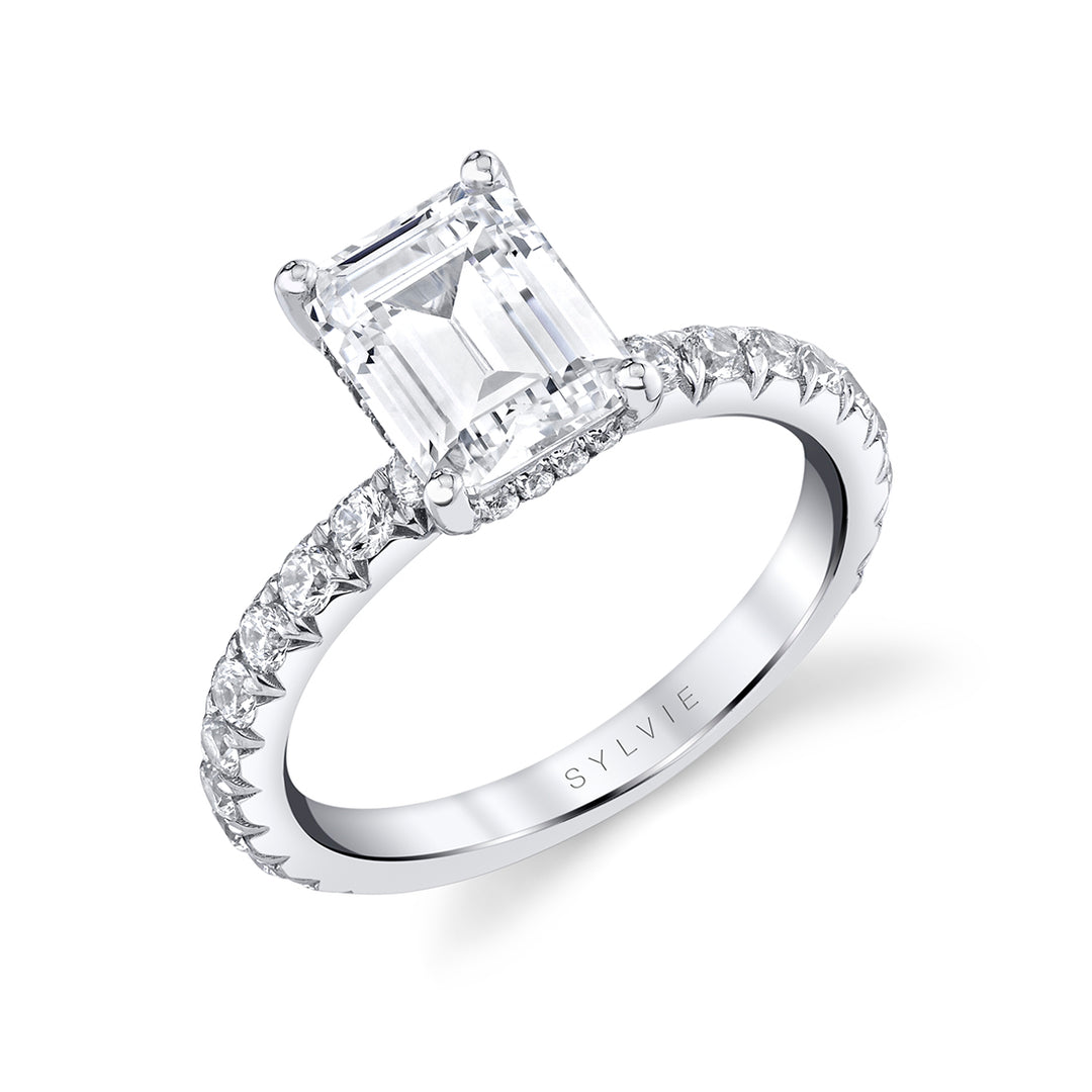 Emerald Cut Classic Engagement Ring with Hidden Halo - Malencia