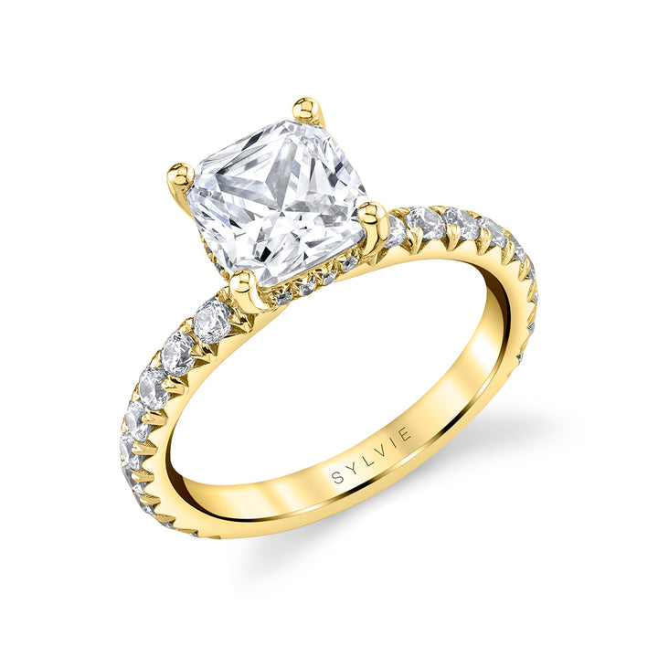 Cushion Cut Classic Engagement Ring with Hidden Halo - Malencia