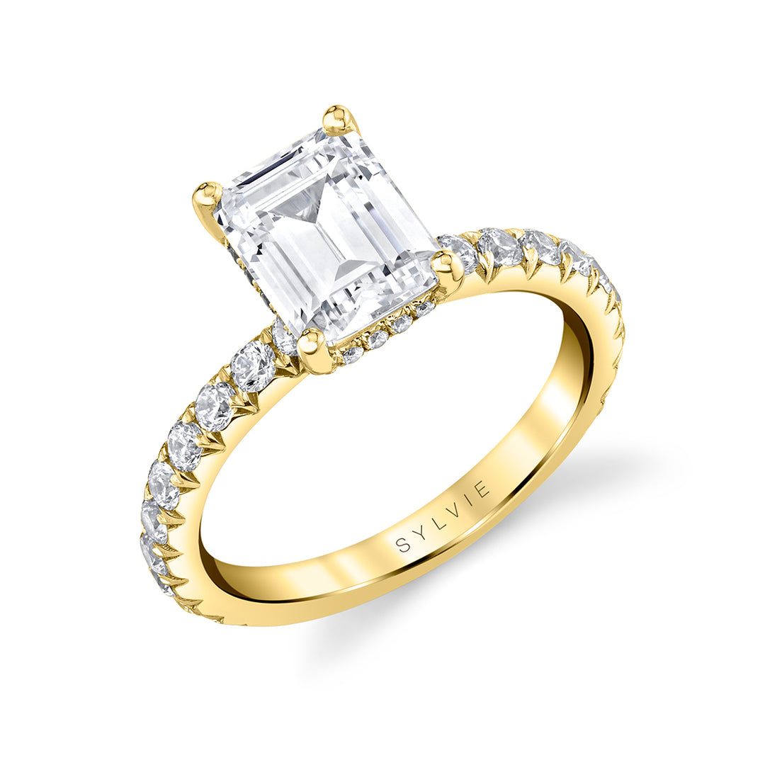 Emerald Cut Classic Engagement Ring with Hidden Halo - Malencia