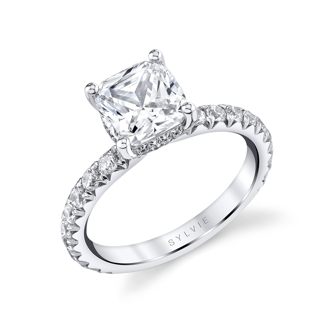 Cushion Cut Classic Engagement Ring with Hidden Halo - Malencia