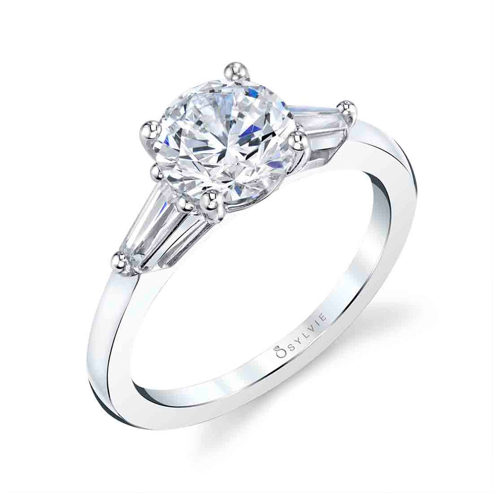 Round Cut Three Stone Engagement Ring with Baguettes - Nicolette