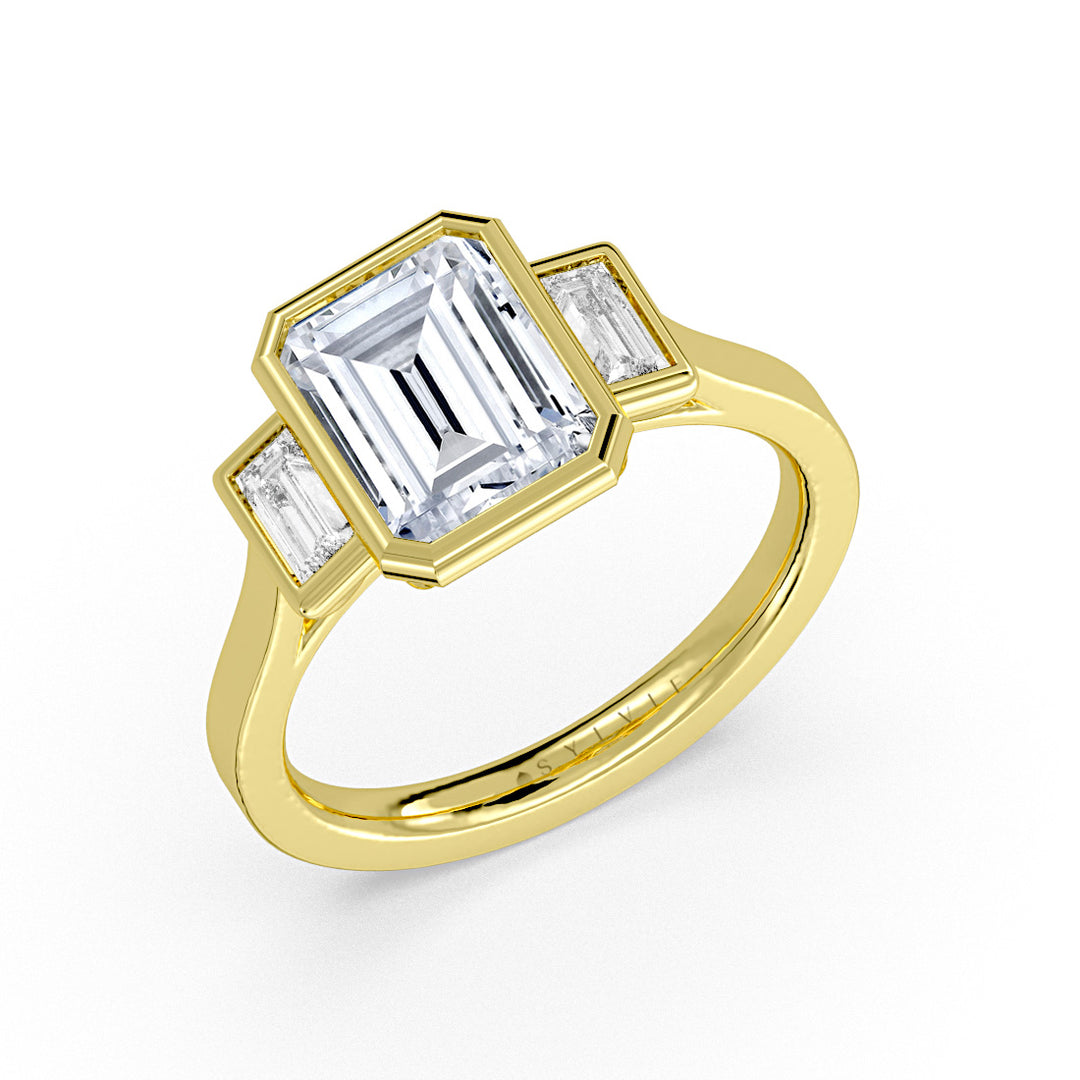 Emerald Cut Bezel Three Stone Engagement Ring - Colette