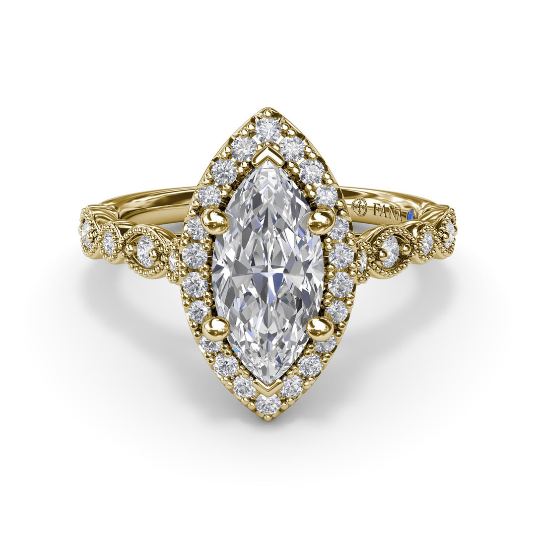 Classic Marquise Engagement Ring with Detailed Milgrain Band