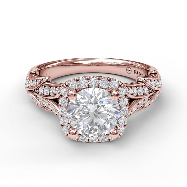 Cushion Halo Engagement Ring With Leaf Motif