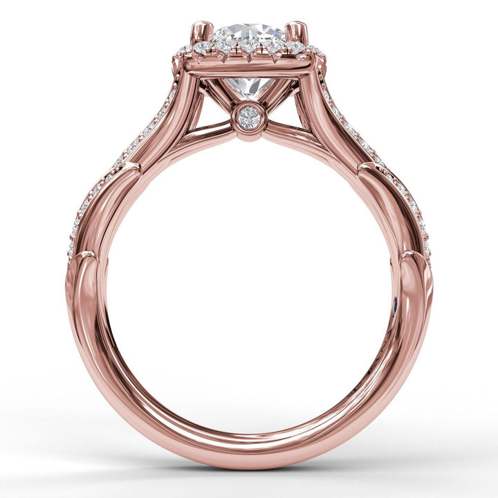 Cushion Halo Engagement Ring With Leaf Motif