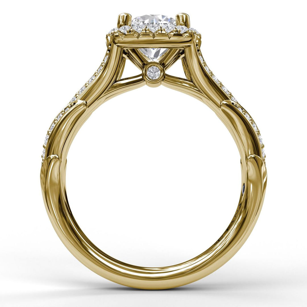 Cushion Halo Engagement Ring With Leaf Motif