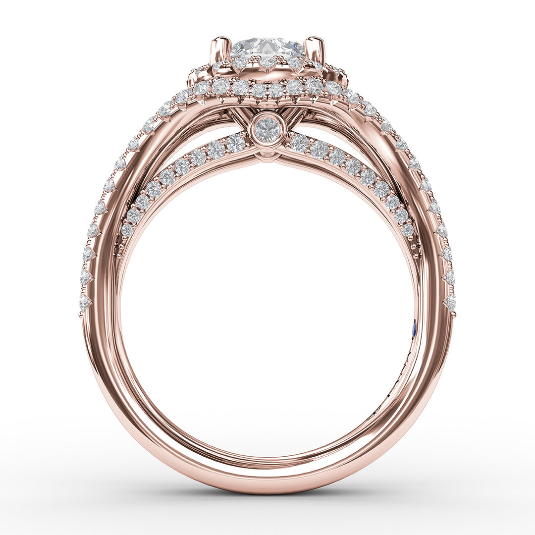 Round Cut with Halo and Dramatic Split Band