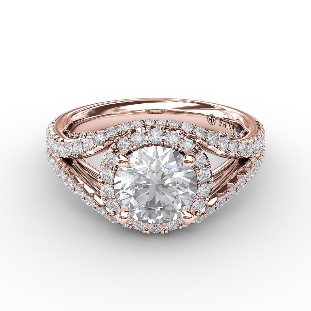 Round Cut with Halo and Dramatic Split Band