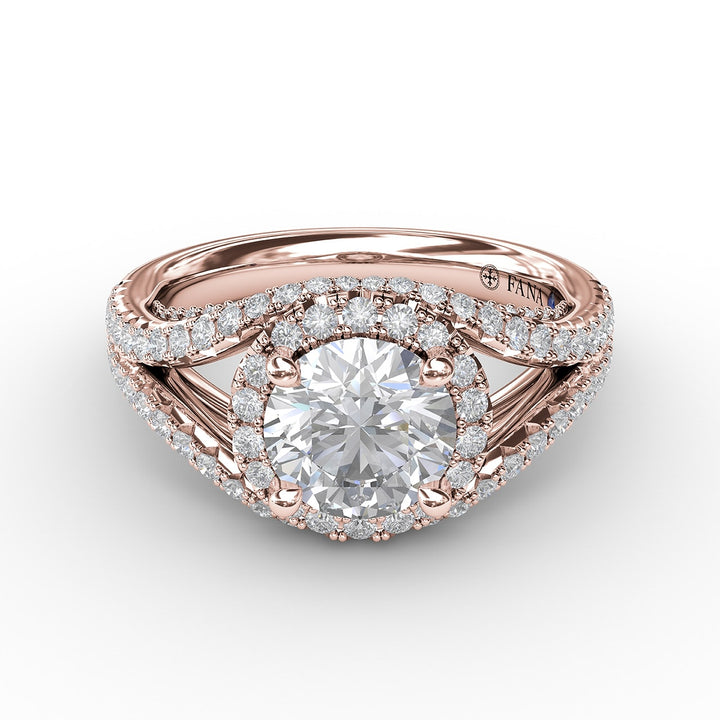 Round Cut with Halo and Dramatic Split Band