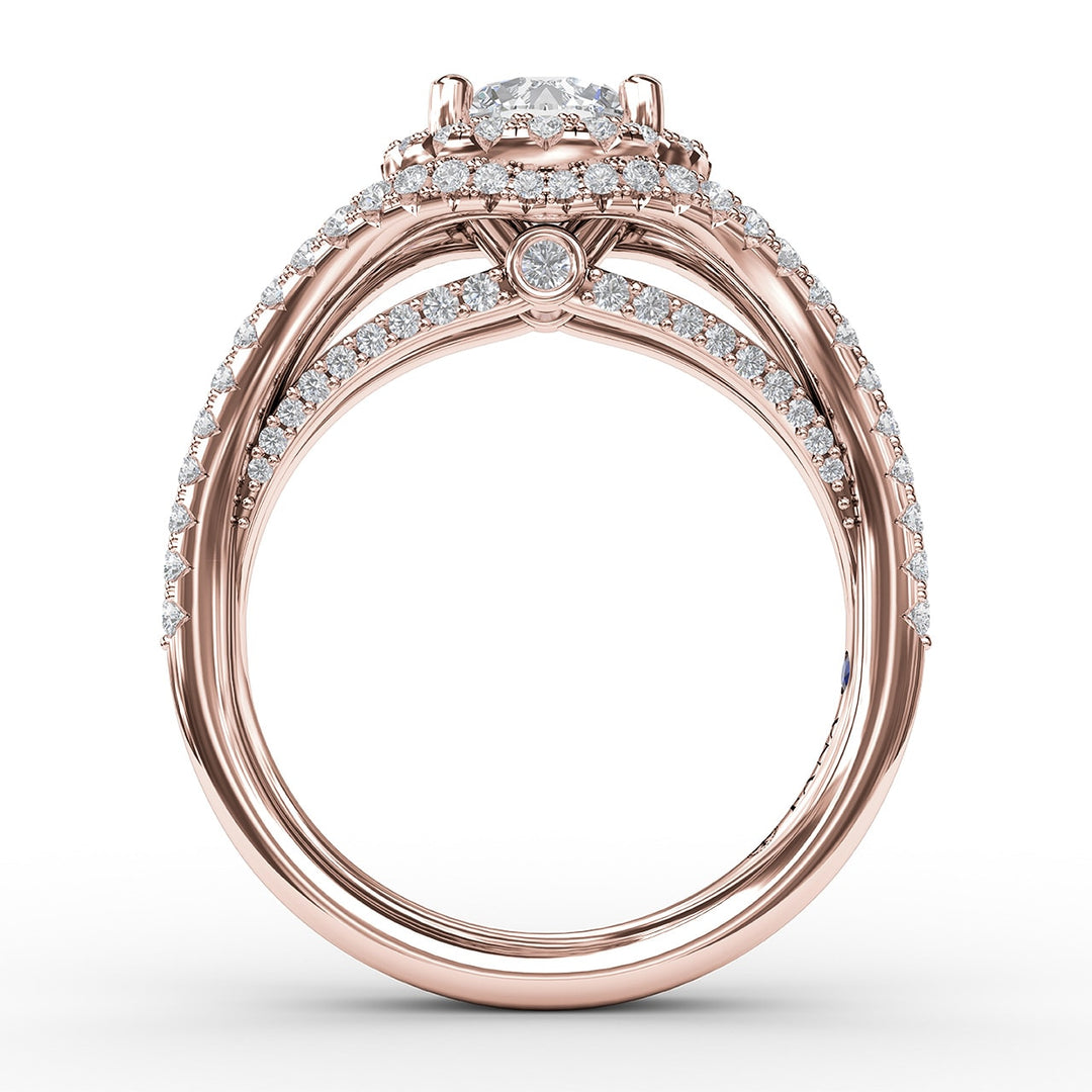 Round Cut with Halo and Dramatic Split Band