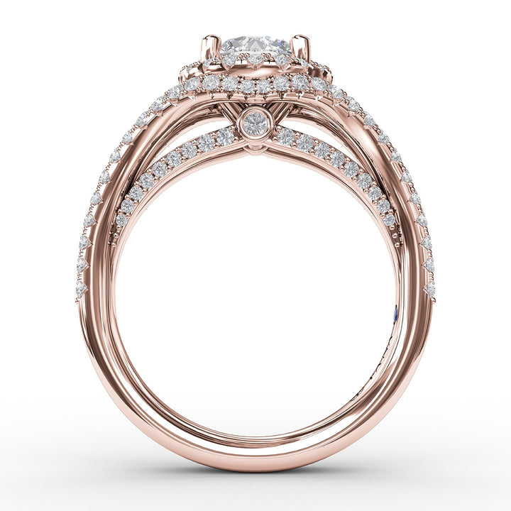 Round Cut with Halo and Dramatic Split Band