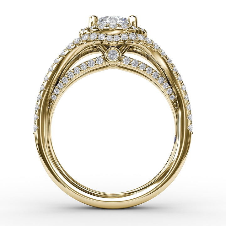 Round Cut with Halo and Dramatic Split Band