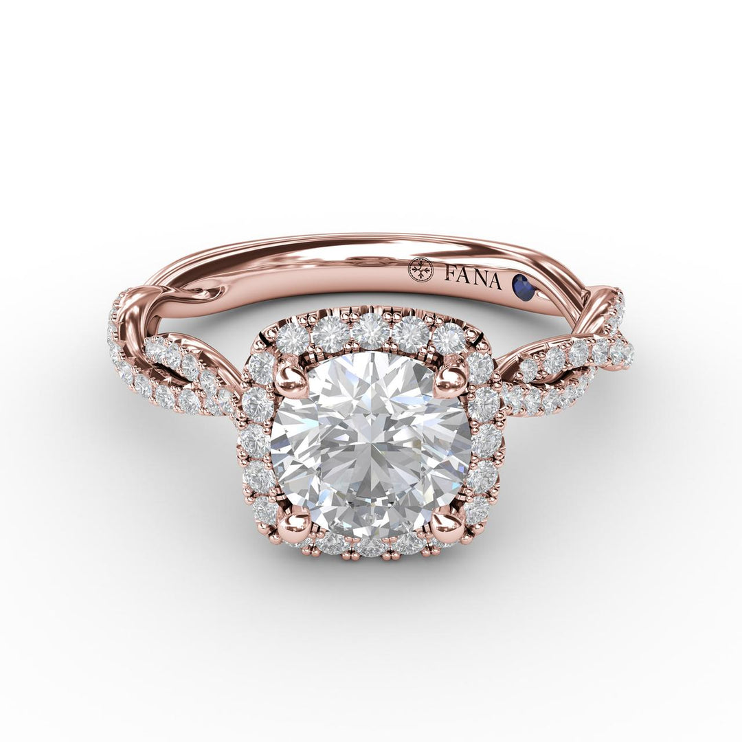 Classic Cushion Diamond Halo Engagement Ring With Cathedral Twist Diamond Band