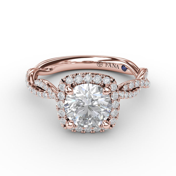 Classic Cushion Diamond Halo Engagement Ring With Cathedral Twist Diamond Band