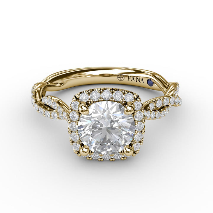 Classic Cushion Diamond Halo Engagement Ring With Cathedral Twist Diamond Band