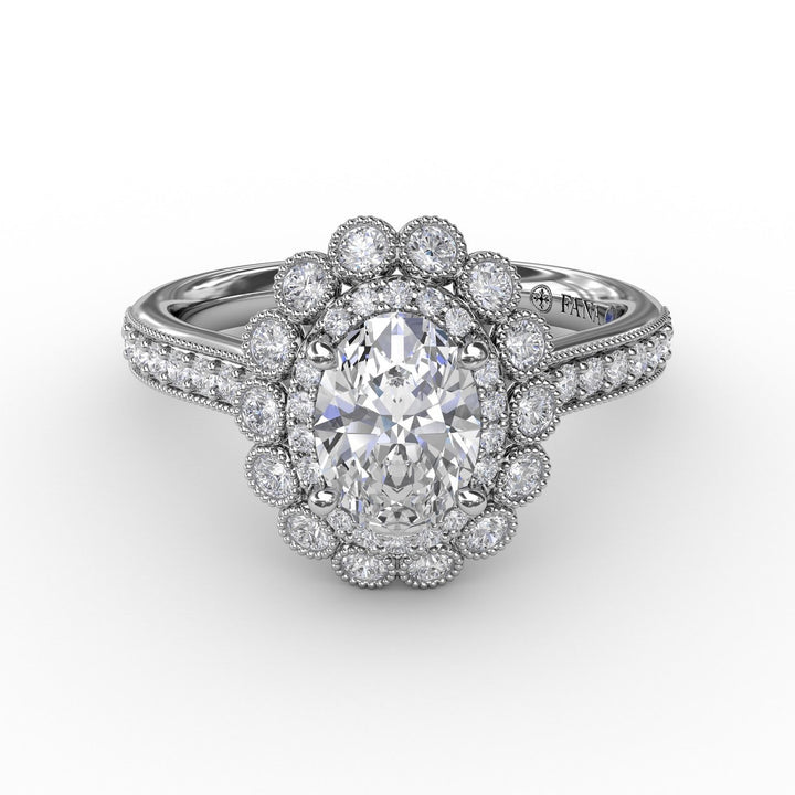 Vintage Double Halo Oval Engagement Ring With Milgrain Details