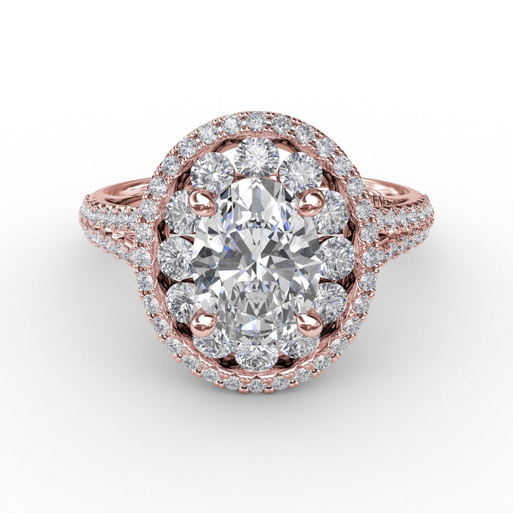 Double Halo Round Diamond Engagement Ring With Split Diamond Shank