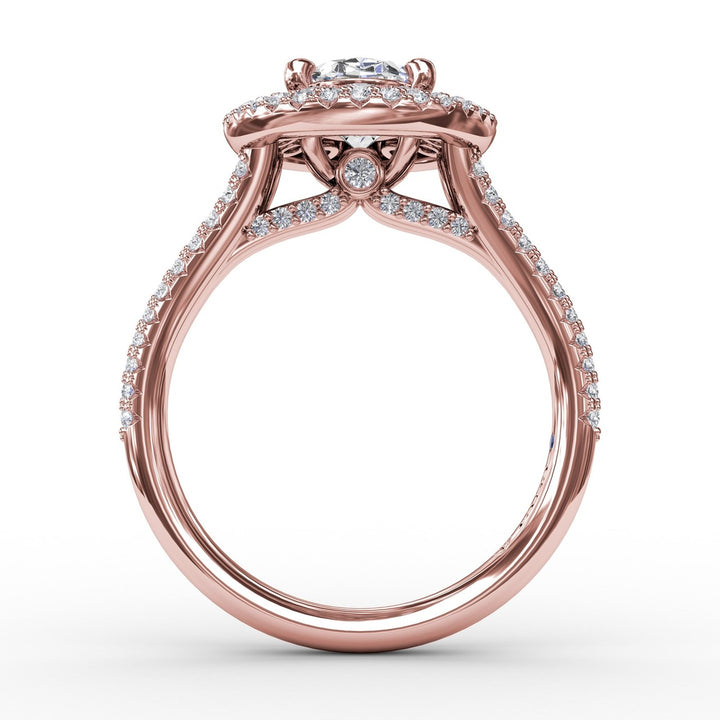 Double Halo Round Diamond Engagement Ring With Split Diamond Shank