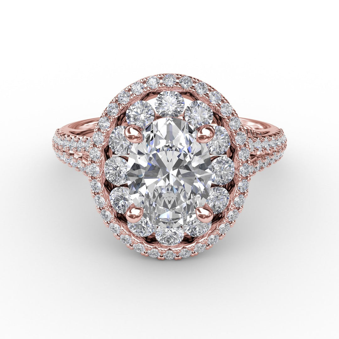 Double Halo Round Diamond Engagement Ring With Split Diamond Shank