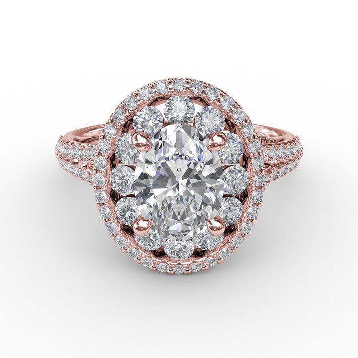 Double Halo Round Diamond Engagement Ring With Split Diamond Shank