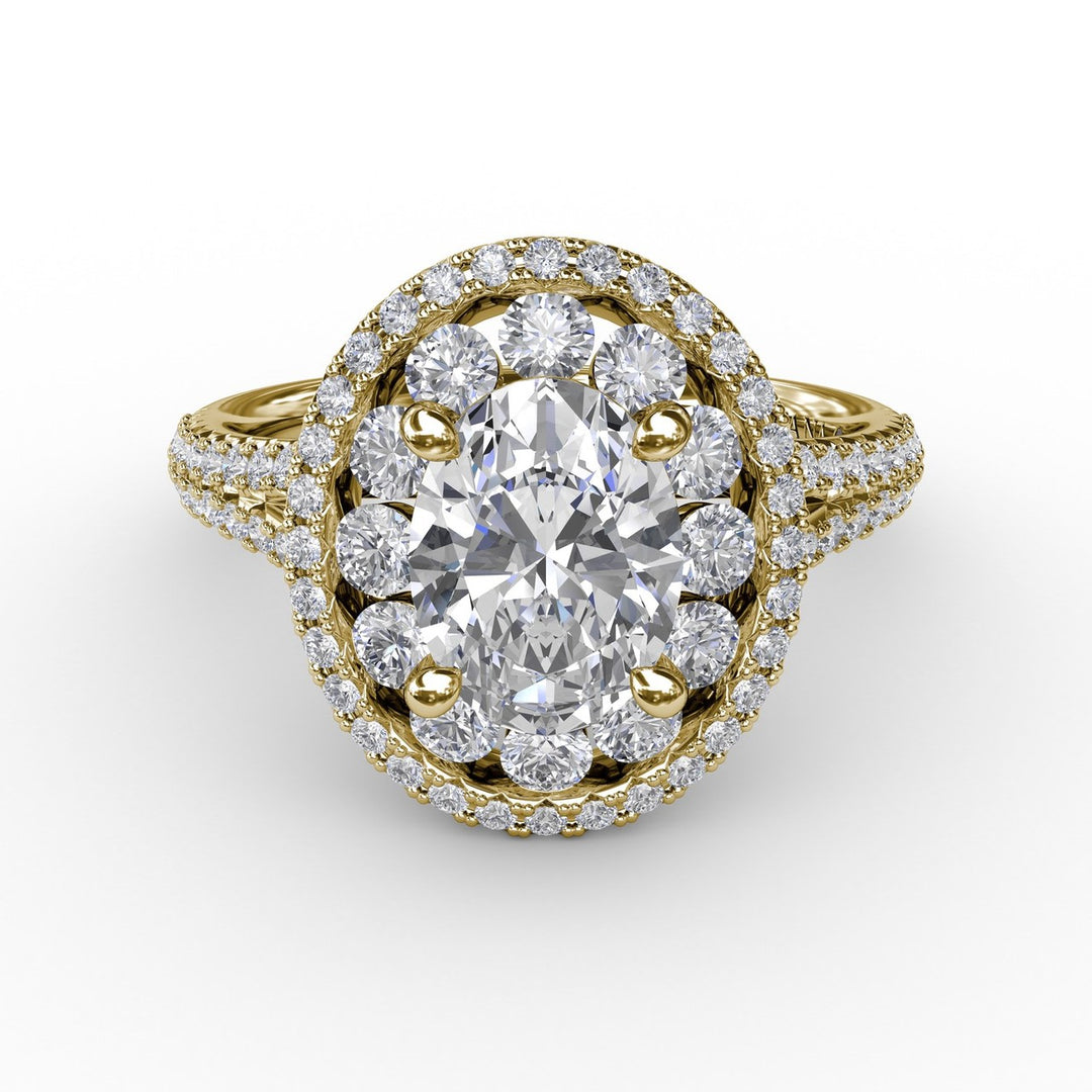 Double Halo Round Diamond Engagement Ring With Split Diamond Shank