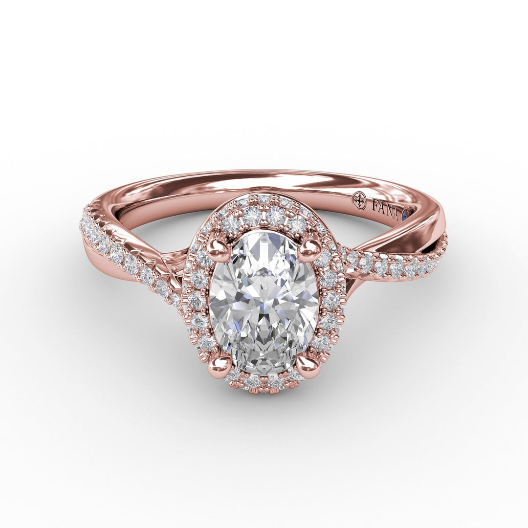 Oval Waterfall Halo Engagement Ring With Twisted Shank