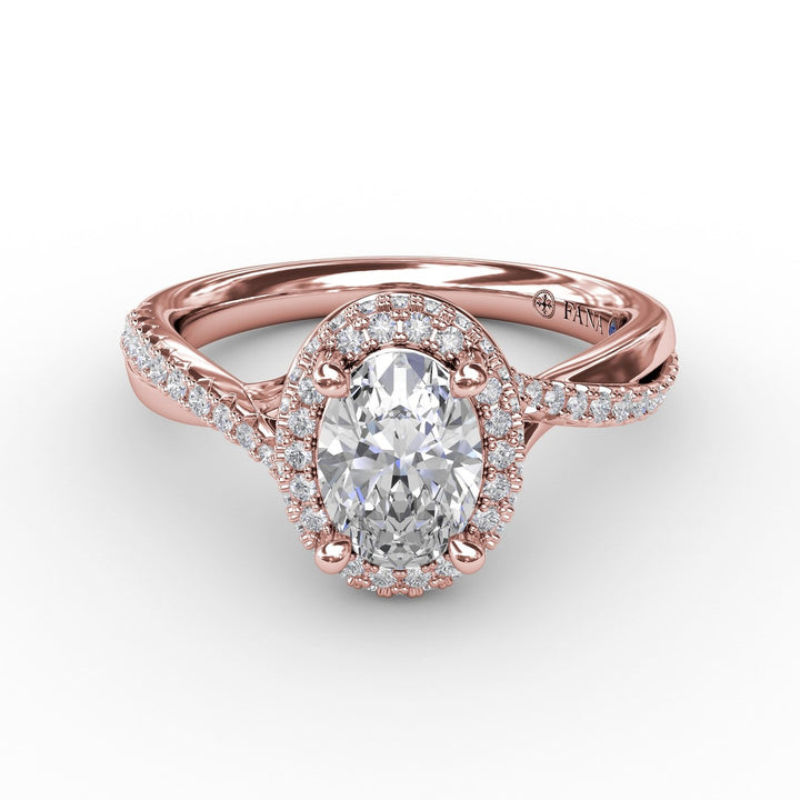 Oval Waterfall Halo Engagement Ring With Twisted Shank