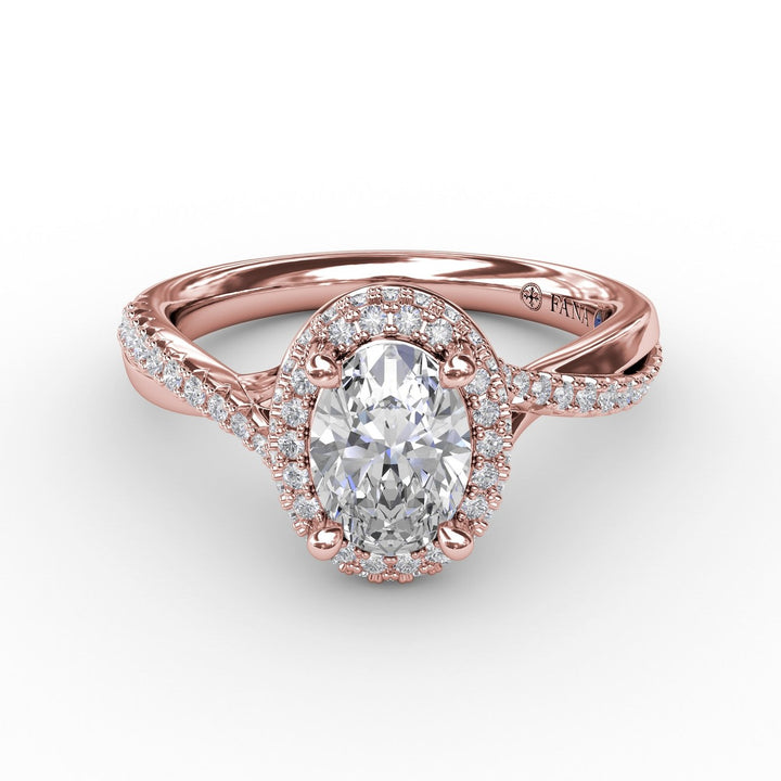 Oval Waterfall Halo Engagement Ring With Twisted Shank
