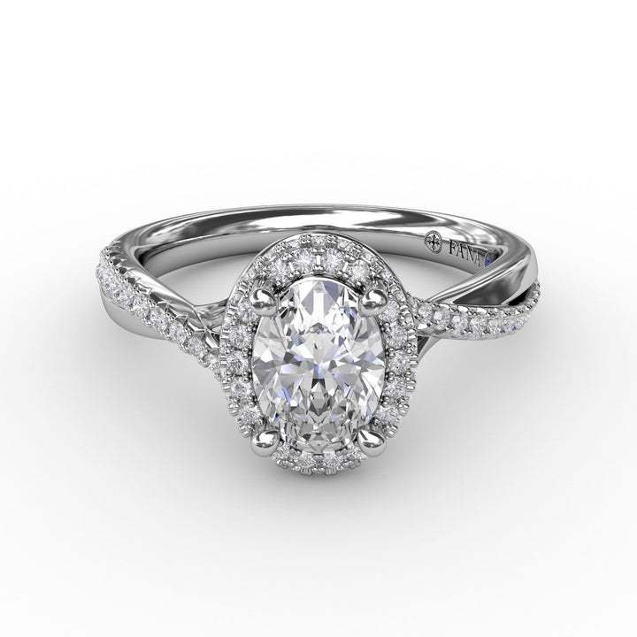 Oval Waterfall Halo Engagement Ring With Twisted Shank