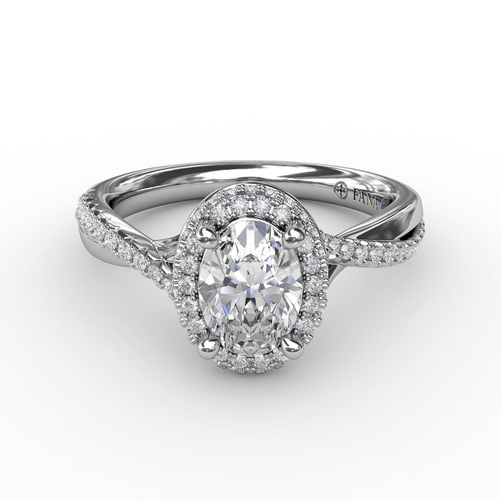 Oval Waterfall Halo Engagement Ring With Twisted Shank