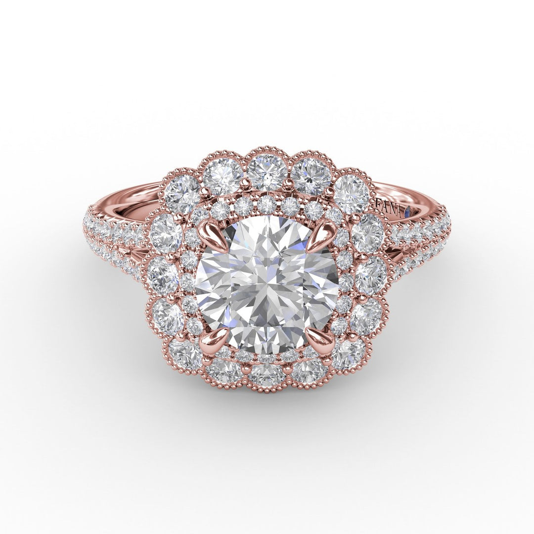 Vintage Cushion-Shaped Double Halo Engagement Ring With Split Shank