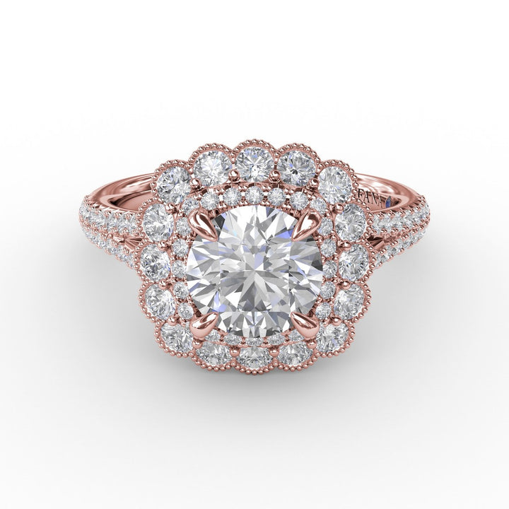 Vintage Cushion-Shaped Double Halo Engagement Ring With Split Shank