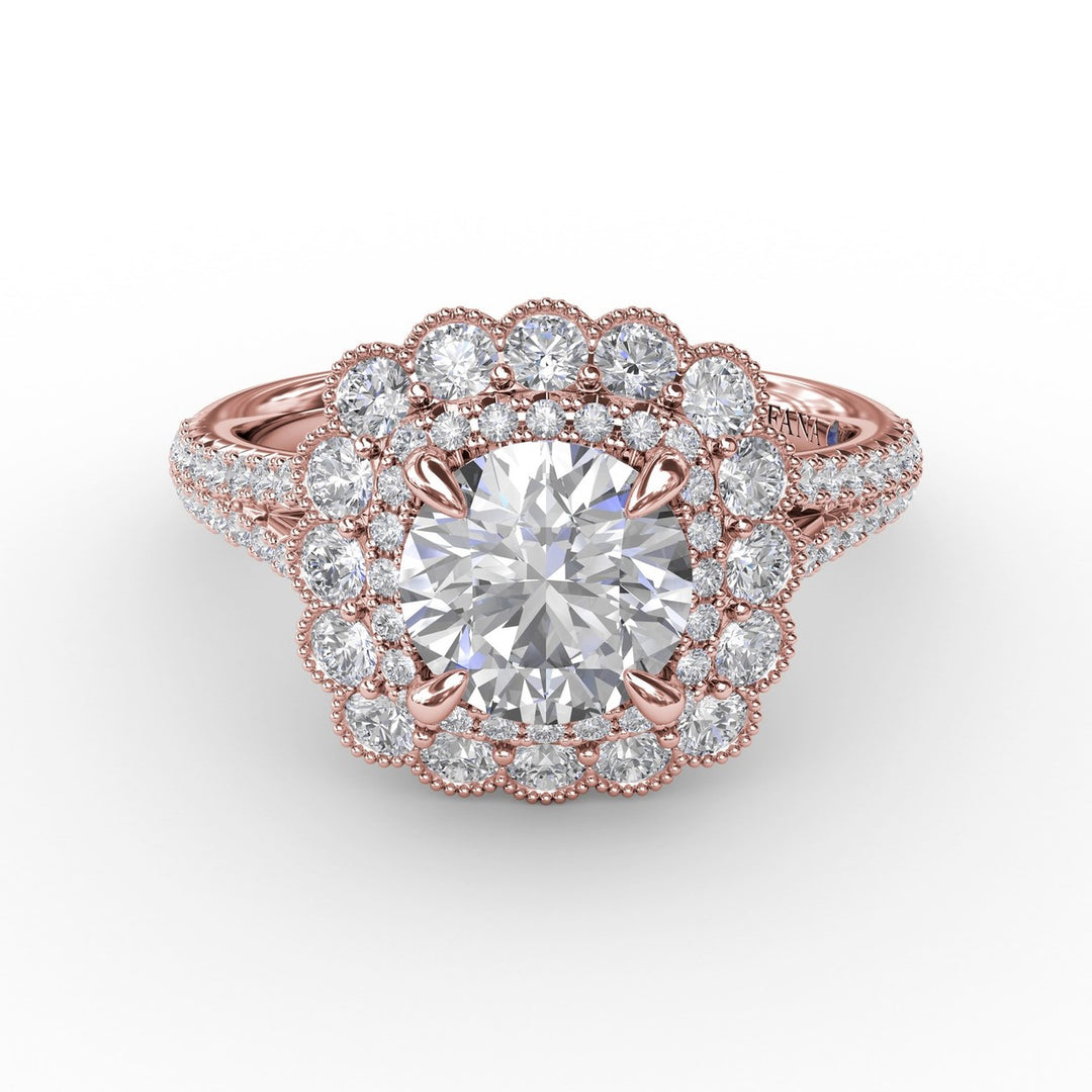 Vintage Cushion-Shaped Double Halo Engagement Ring With Split Shank
