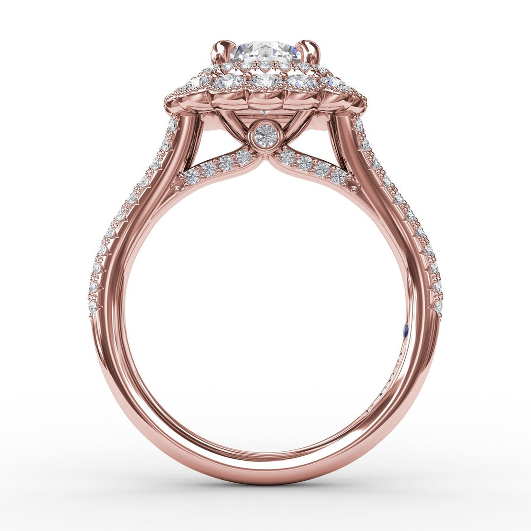 Vintage Cushion-Shaped Double Halo Engagement Ring With Split Shank
