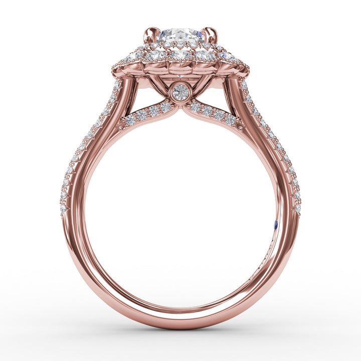 Vintage Cushion-Shaped Double Halo Engagement Ring With Split Shank