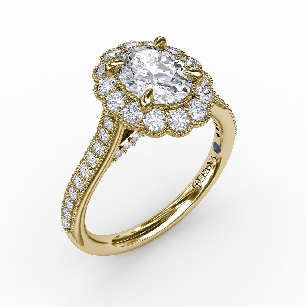 Vintage Scalloped Halo Oval Engagement Ring With Milgrain Details