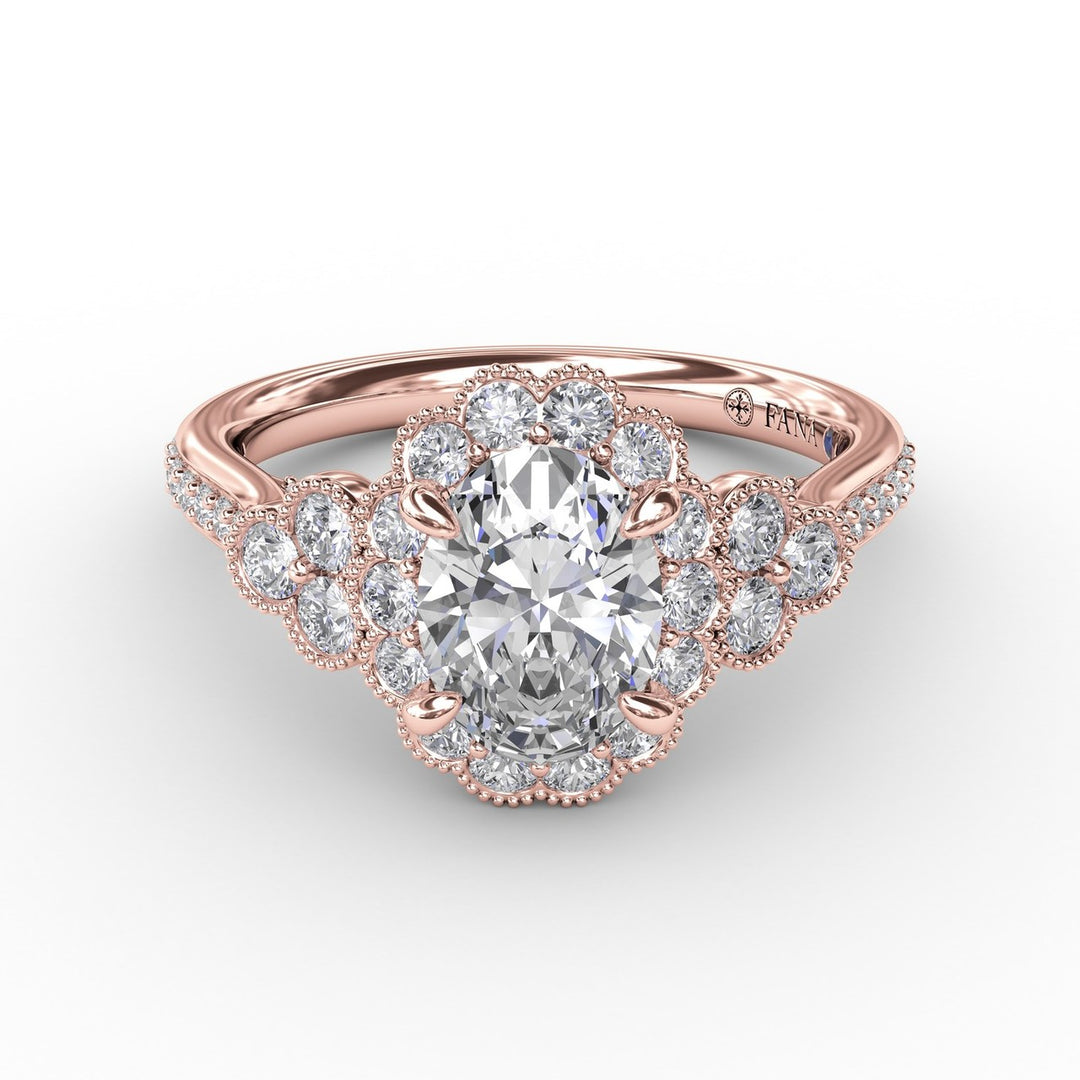 Scalloped Halo Engagement Ring With Diamond Clusters and Milgrain Details