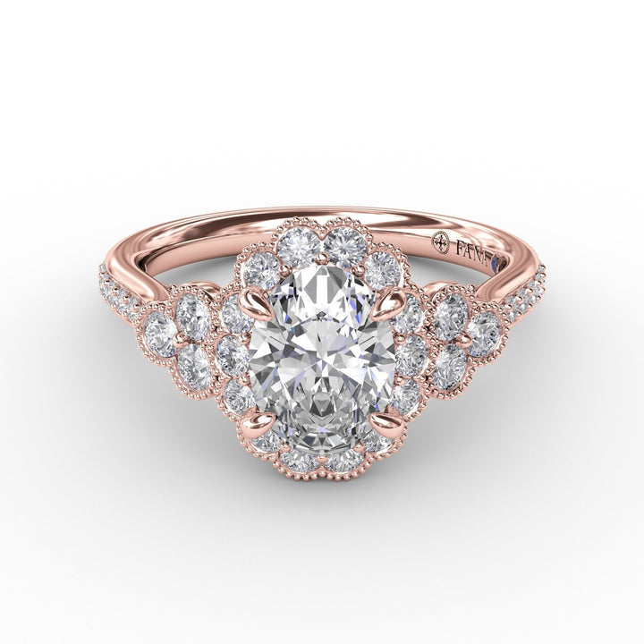 Scalloped Halo Engagement Ring With Diamond Clusters and Milgrain Details
