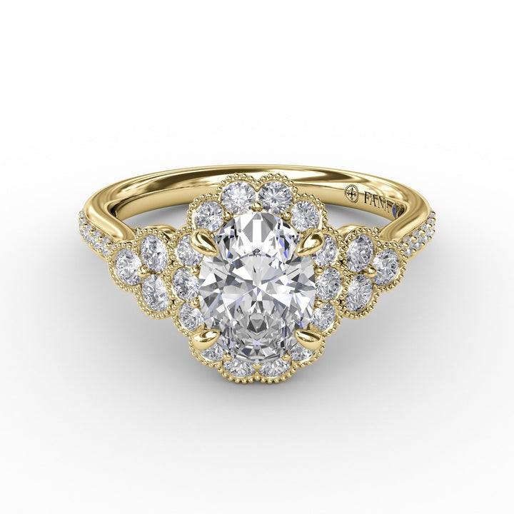 Scalloped Halo Engagement Ring With Diamond Clusters and Milgrain Details