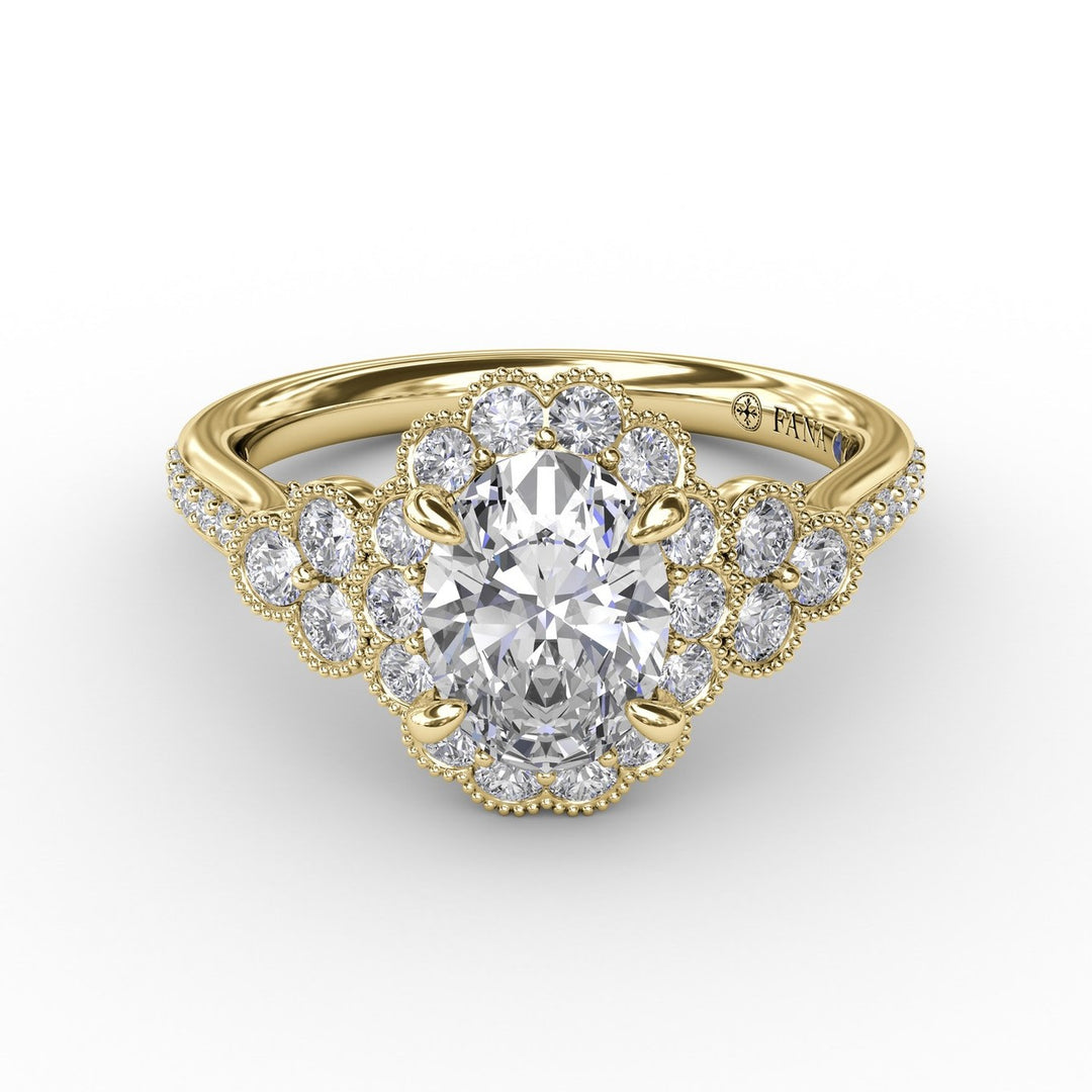 Scalloped Halo Engagement Ring With Diamond Clusters and Milgrain Details
