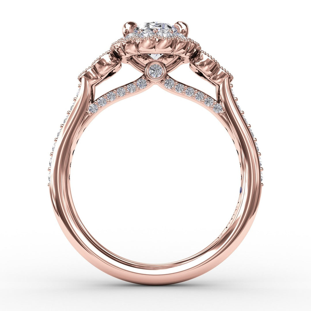 Scalloped Halo Engagement Ring With Diamond Clusters and Milgrain Details
