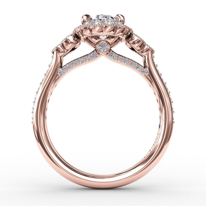 Scalloped Halo Engagement Ring With Diamond Clusters and Milgrain Details