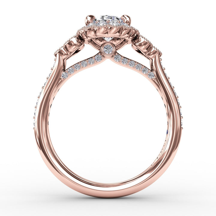 Scalloped Halo Engagement Ring With Diamond Clusters and Milgrain Details