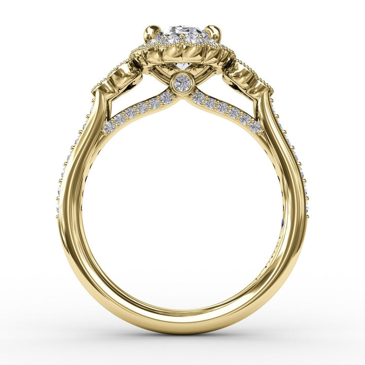 Scalloped Halo Engagement Ring With Diamond Clusters and Milgrain Details