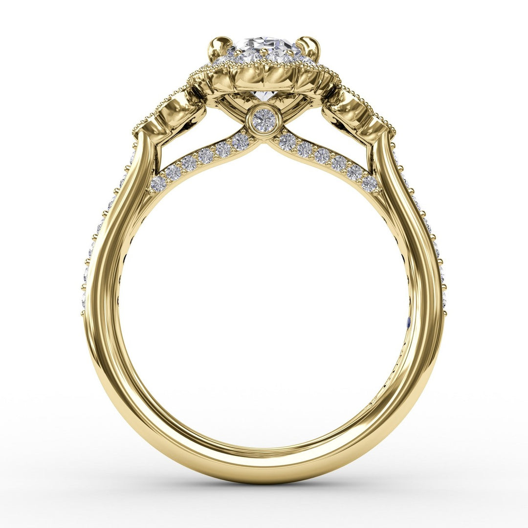 Scalloped Halo Engagement Ring With Diamond Clusters and Milgrain Details