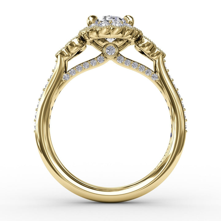Scalloped Halo Engagement Ring With Diamond Clusters and Milgrain Details